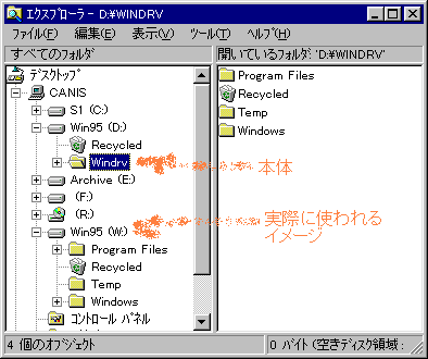Installing Windows 95 into W:\ using SUBST.EXE
